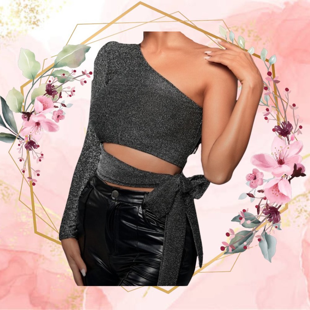 SHEIN Glitter Cut Out One Shoulder Tie Side Crop Top - Silver~ NWT Junior Size M